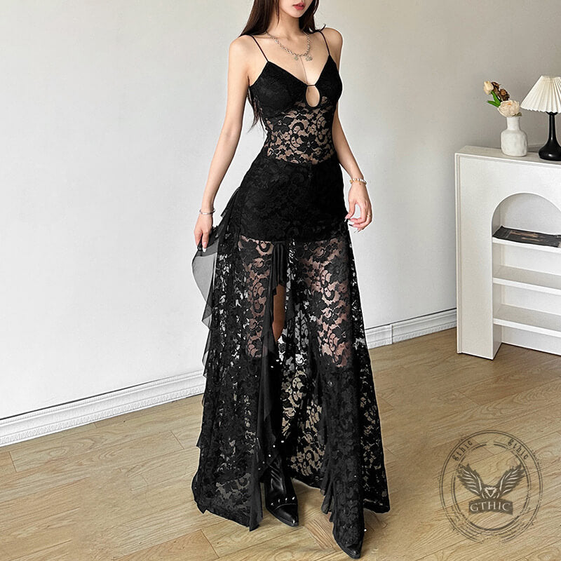 Black Mesh V-Neck Slim High Waist Cut-out Sexy Dress | Gthic.com