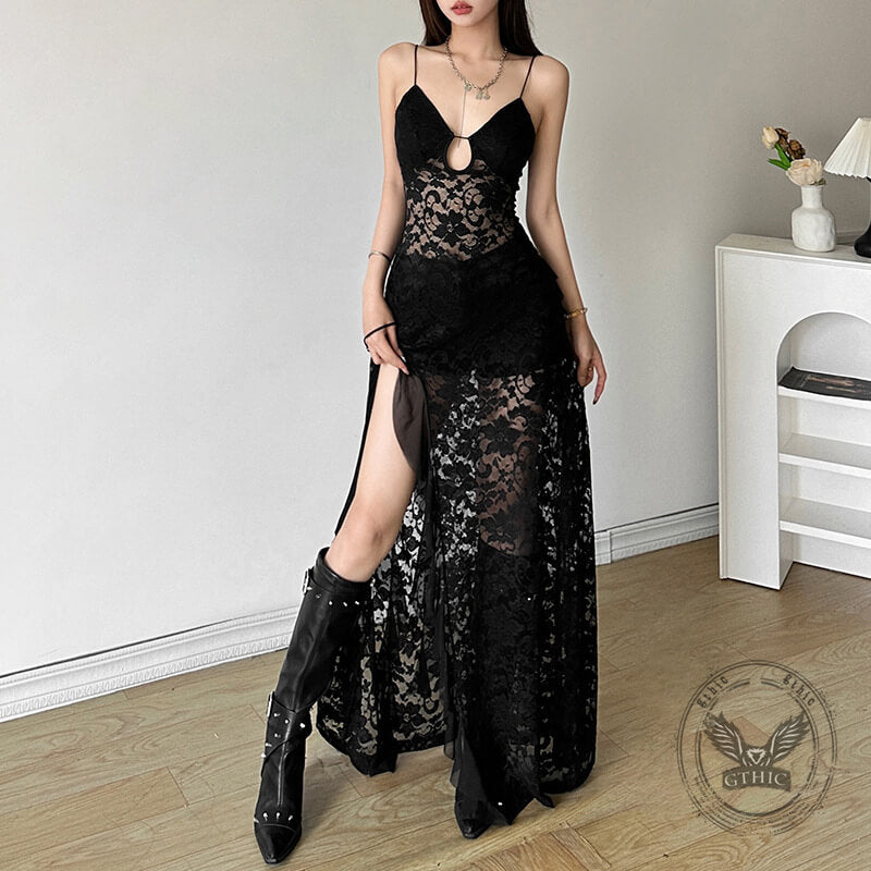 Black Mesh V-Neck Slim High Waist Cut-out Sexy Dress | Gthic.com