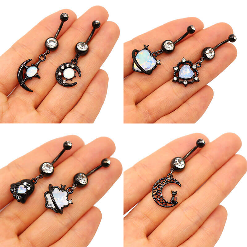 Black Moon Design Inlaid Zircon Alloy Belly Ring | Gthic.com