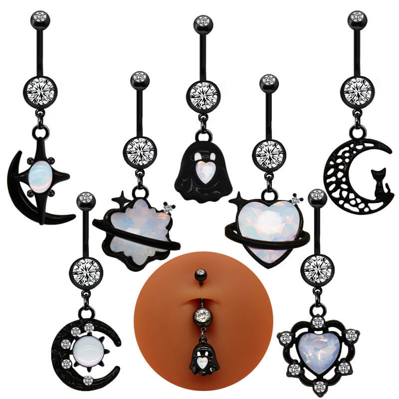 Black Moon Design Inlaid Zircon Alloy Belly Ring | Gthic.com