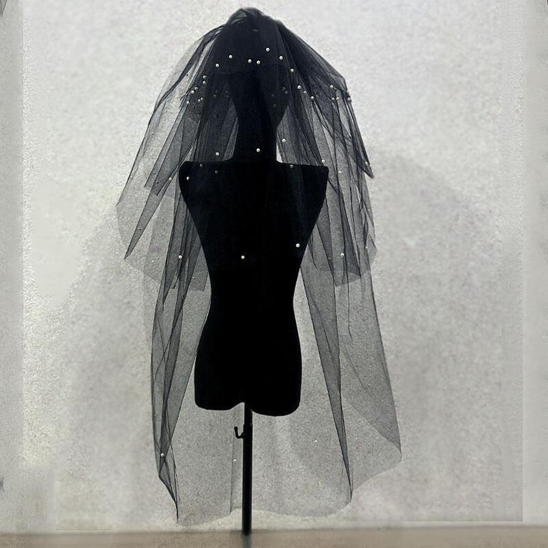 Black Multi-Layered Pearl Bridal Veil | Gthic.com
