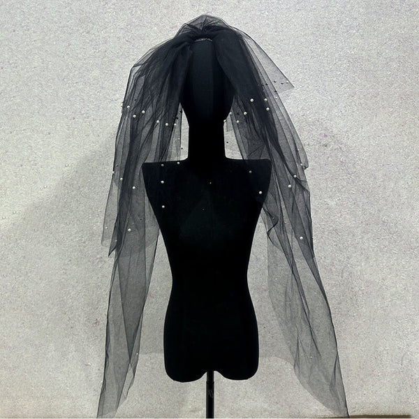 Black Multi-Layered Pearl Bridal Veil | Gthic.com