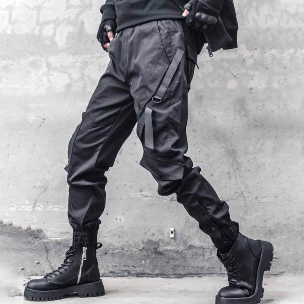 Black Multi-Pocket Loose-Fit Cargo Pants 03 | Gthic.com