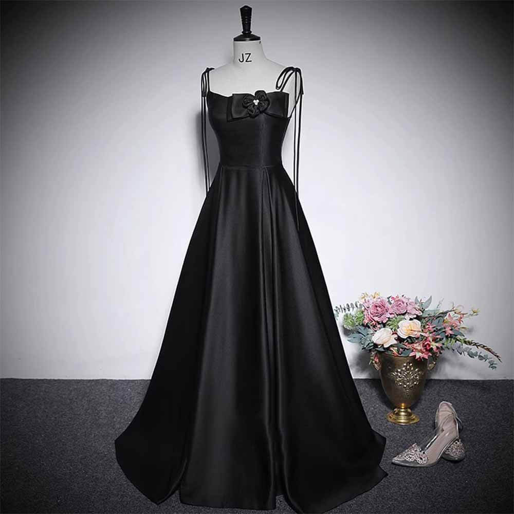 Black Off-Shoulder Satin Bow Suspender Evening Dress 01 | Gthic.com