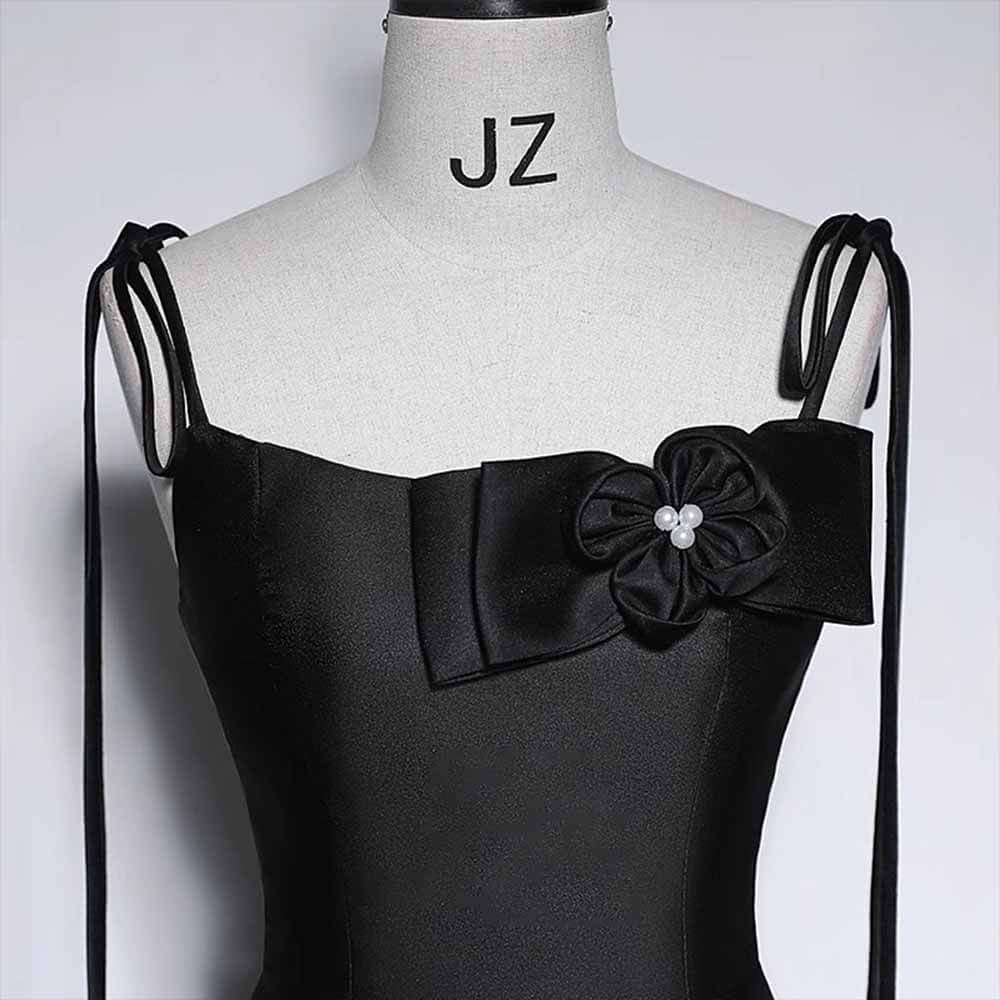 Black Off-Shoulder Satin Bow Suspender Evening Dress