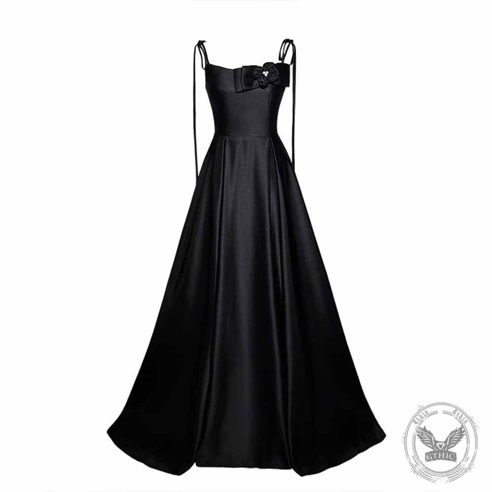 Black Off-Shoulder Satin Bow Suspender Evening Dress 03 | Gthic.com