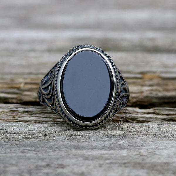 Black Oval Agate Carved Stainless Steel Ring | Gthic.com