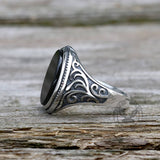 Black Oval Agate Carved Stainless Steel Ring