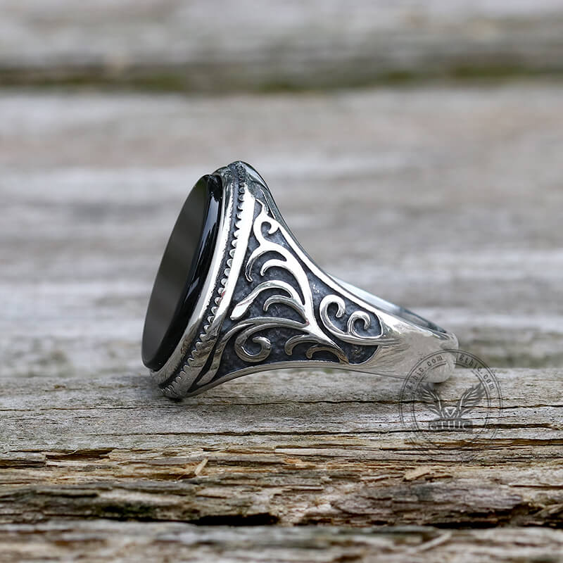 Black Oval Agate Carved Stainless Steel Ring