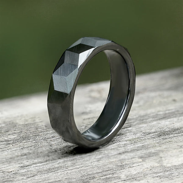 Black Polished Faceted Ceramic Band Ring | Gthic.com