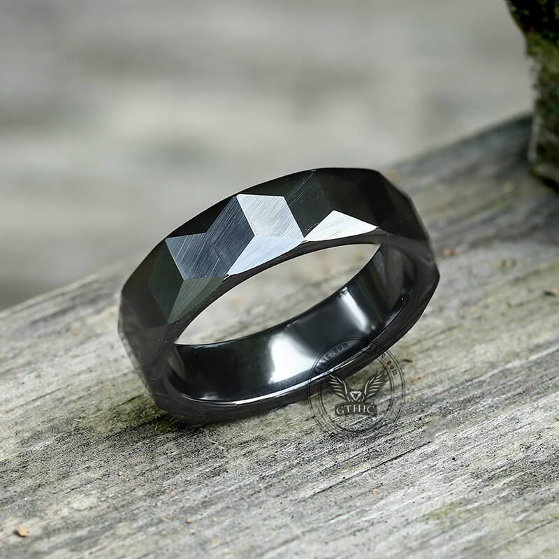 Black Polished Faceted Ceramic Band Ring | Gthic.com
