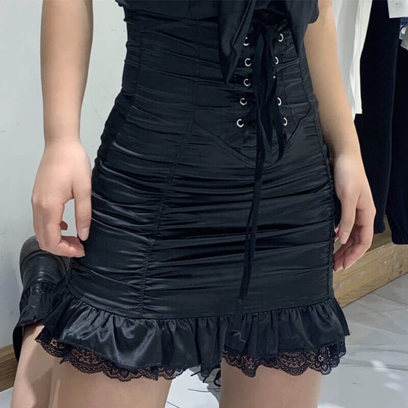 Black Satin Bandage Bodycon High Waist Skirt | Gthic.com