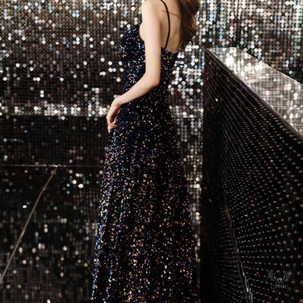 Black Sequin Strap Evening Dress