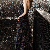 Black Sequin Strap Evening Dress