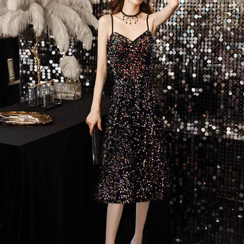 Black Sequin Strap Evening Dress