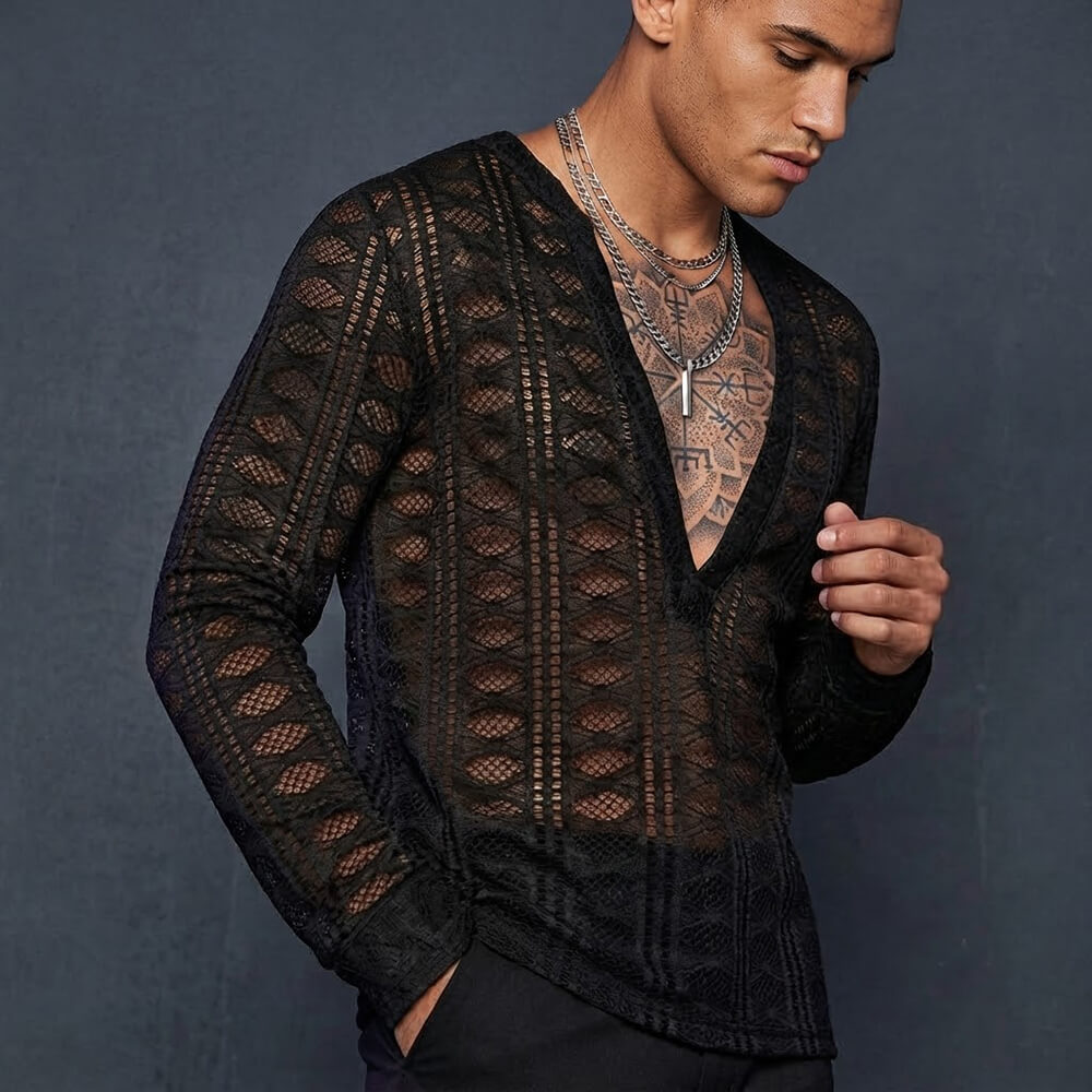 Black Sheer Fishnet V-Neck Hollow Long-Sleeve Top | Gthic.com