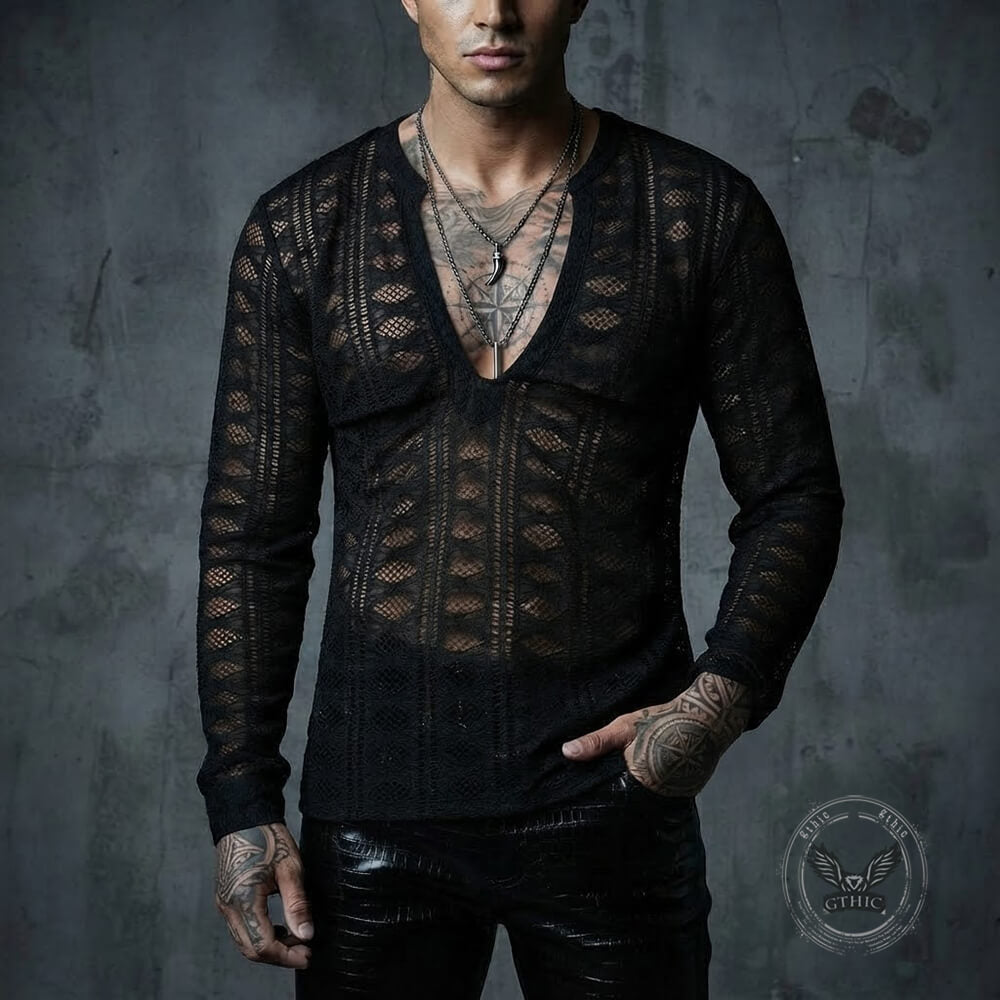 Black Sheer Fishnet V-Neck Hollow Long-Sleeve Top | Gthic.com