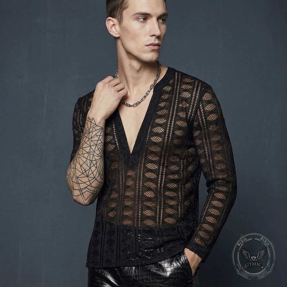 Black Sheer Fishnet V-Neck Hollow Long-Sleeve Top | Gthic.com