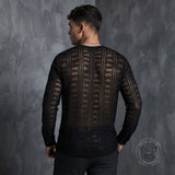 Black Sheer Fishnet V-Neck Hollow Long-Sleeve Top