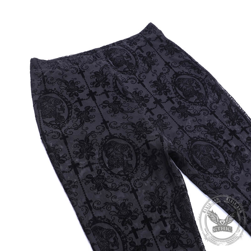 Black Sheer Lace Print High Waisted Flared Pants