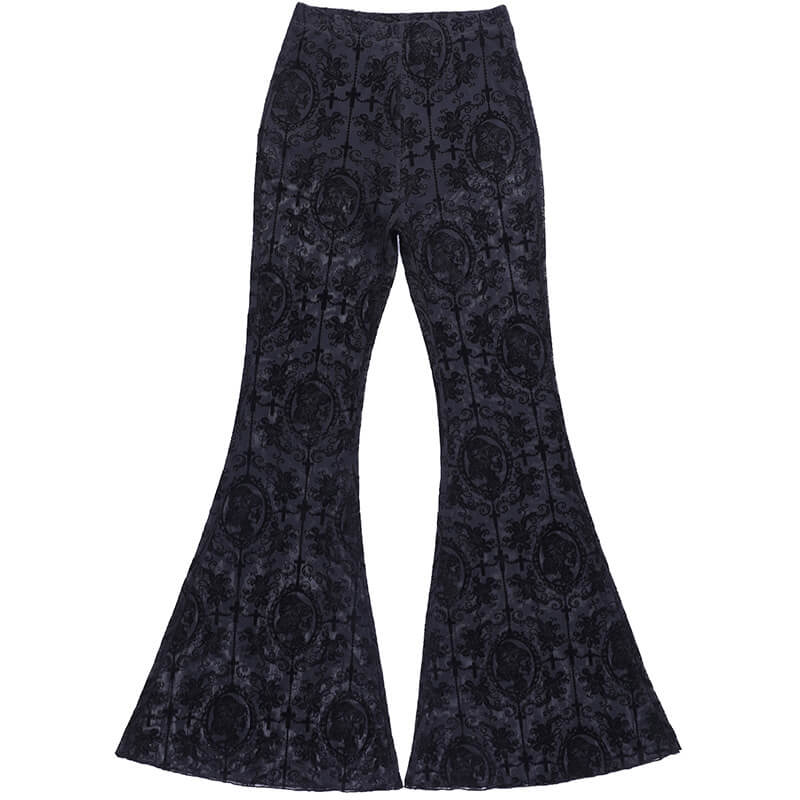 Black Sheer Lace Print High Waisted Flared Pants | Gthic.com