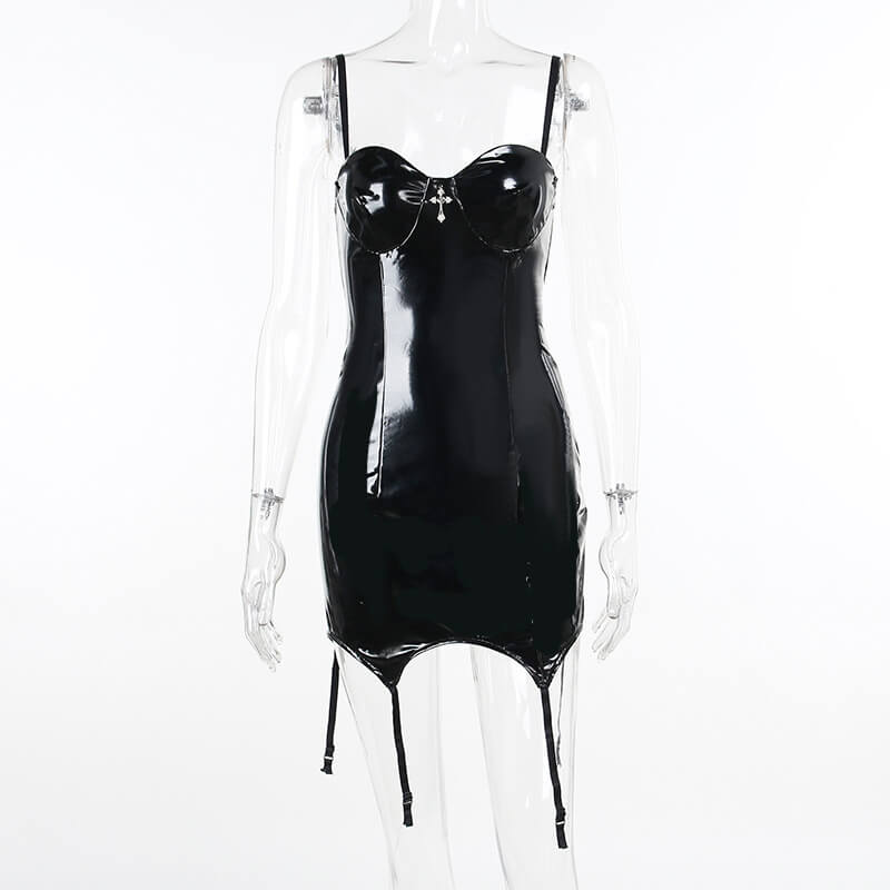 Black Shiny Leather Mini Slip Dress 05 | Gthic.com