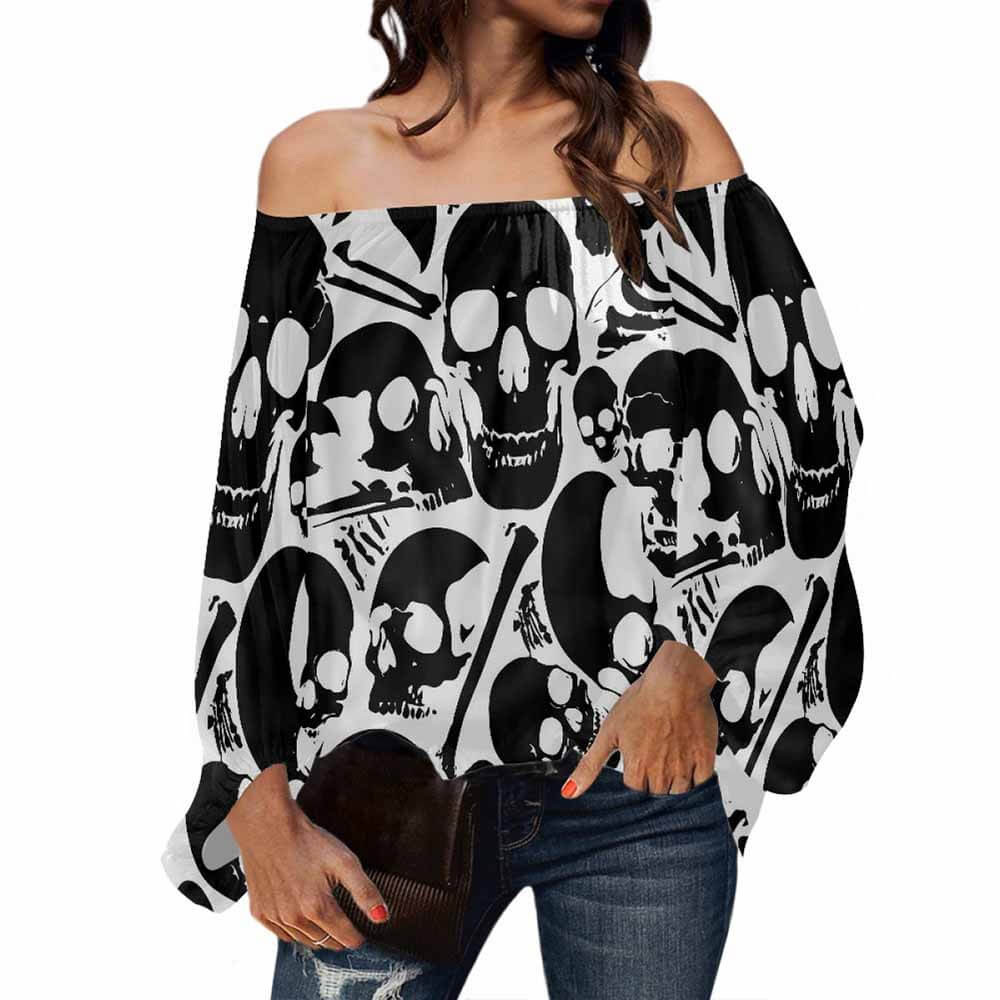 Black Skeleton Bones Print Off Shoulder Top | Gthic.com