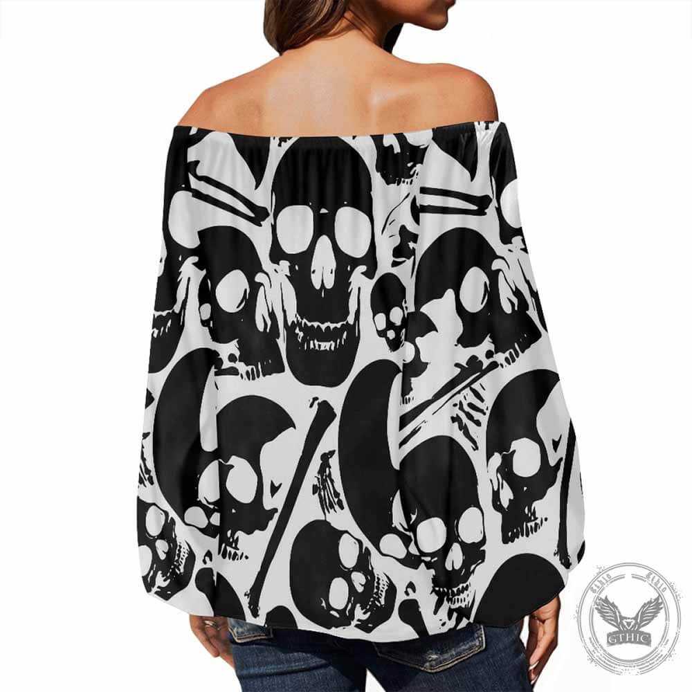 Black Skeleton Bones Print Off Shoulder Top | Gthic.com