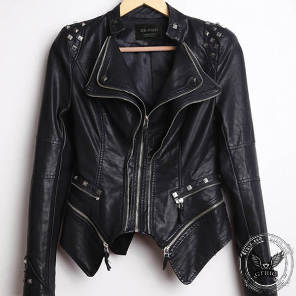 Black Slim Fit Studded Leather Moto Jacket | Gthic.com