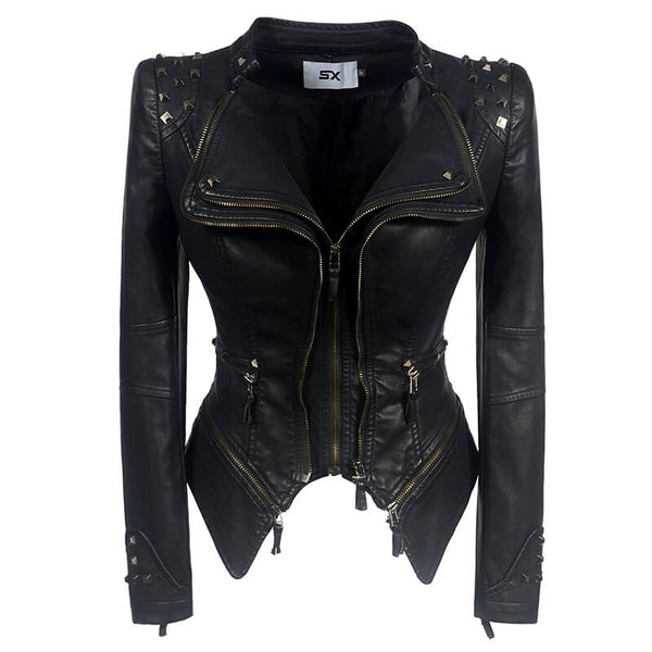 Black Slim Fit Studded Leather Moto Jacket | Gthic.com