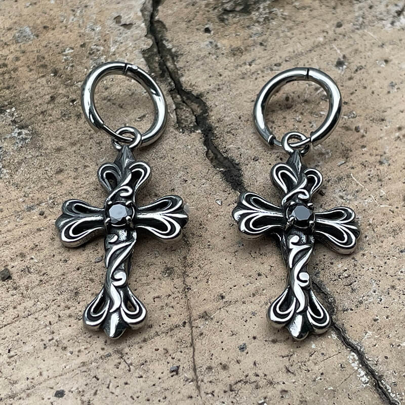 Black Stone Cross Stainless Steel Hoop Earrings | Gthic.com