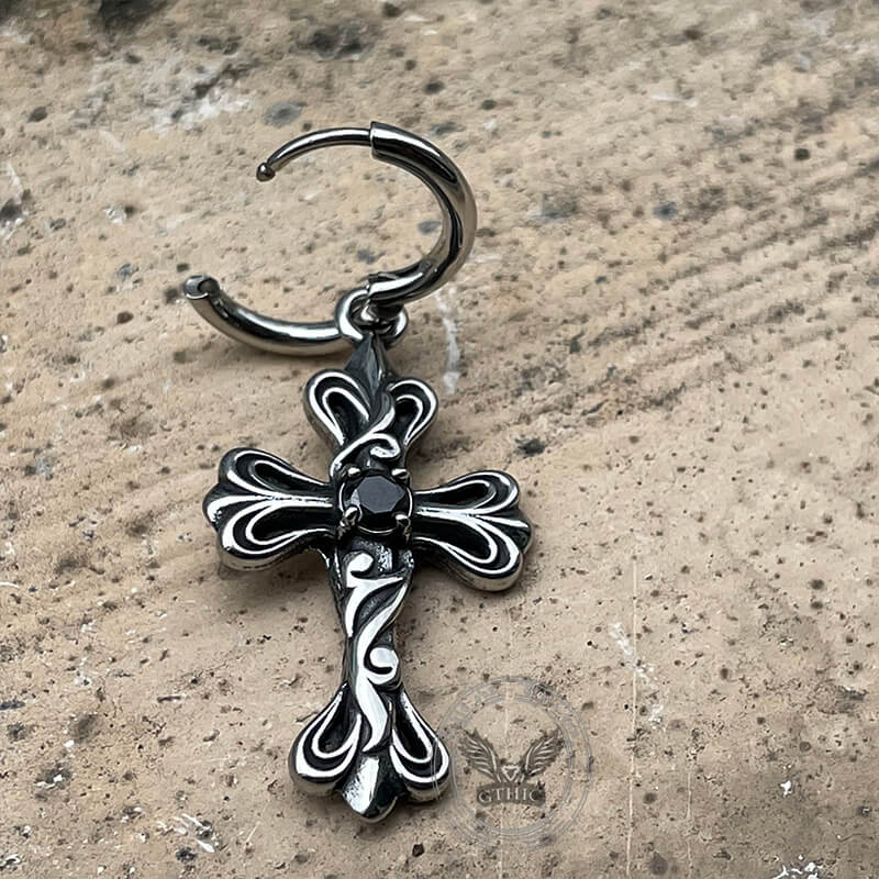 Black Stone Cross Stainless Steel Hoop Earrings | Gthic.com