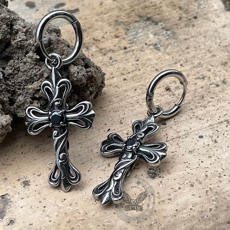 Black Stone Cross Stainless Steel Hoop Earrings