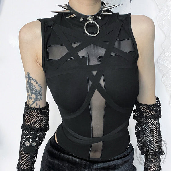 Black Strappy Cross Design Sleeveless Crop Top | Gthic.com