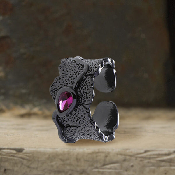 Black Texture Purple Stone Alloy Open Ring | Gthic.com