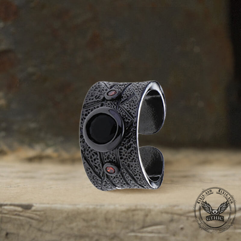 Black Textured Stone-set Alloy Open Ring | Gthic.com