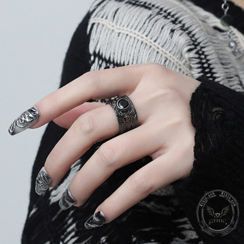 Black Textured Stone-set Alloy Open Ring | Gthic.com
