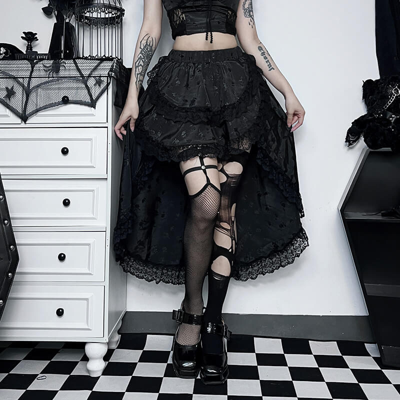 Black Vintage Jacquard Lace Top Skirt Set | Gthic.com