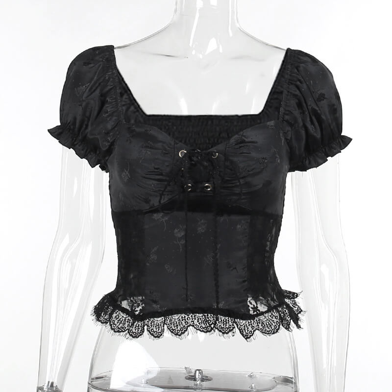 Black Vintage Jacquard Lace Top Skirt Set | Gthic.com