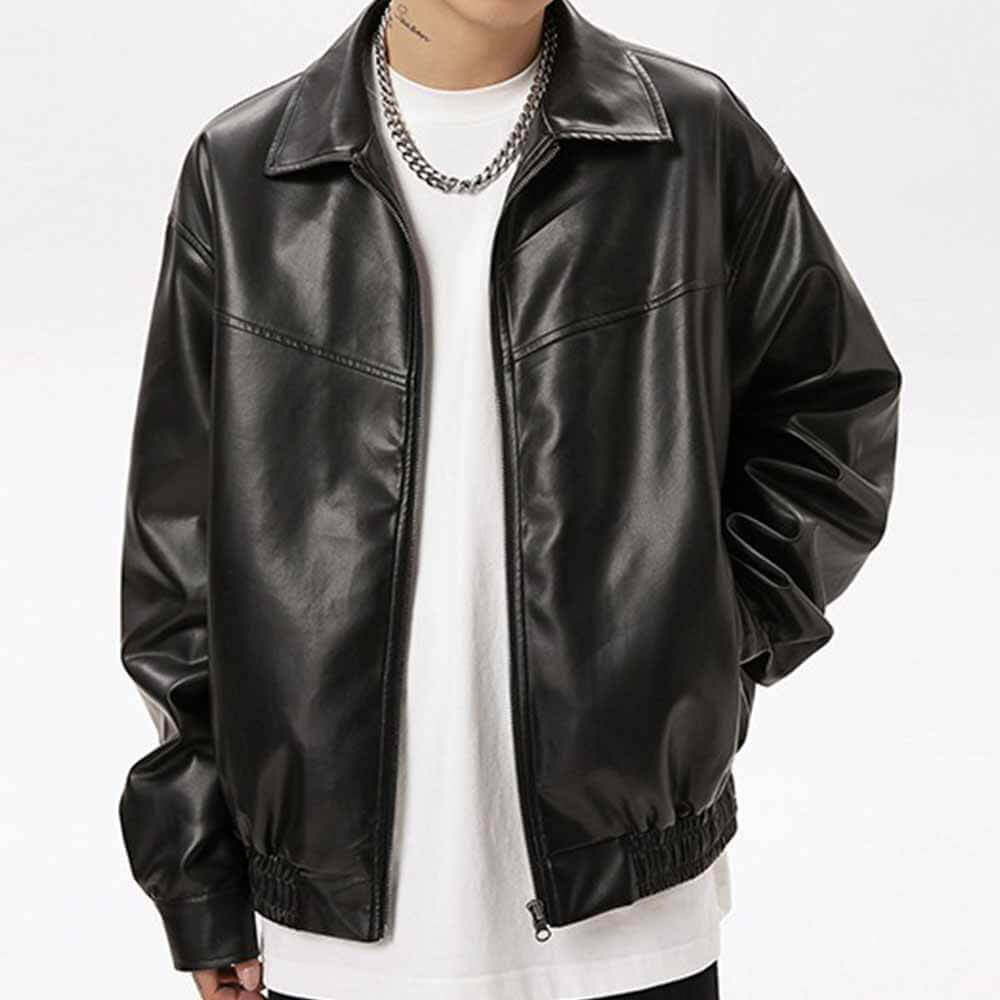 Black Vintage Street Style Zipper Leather Jacket