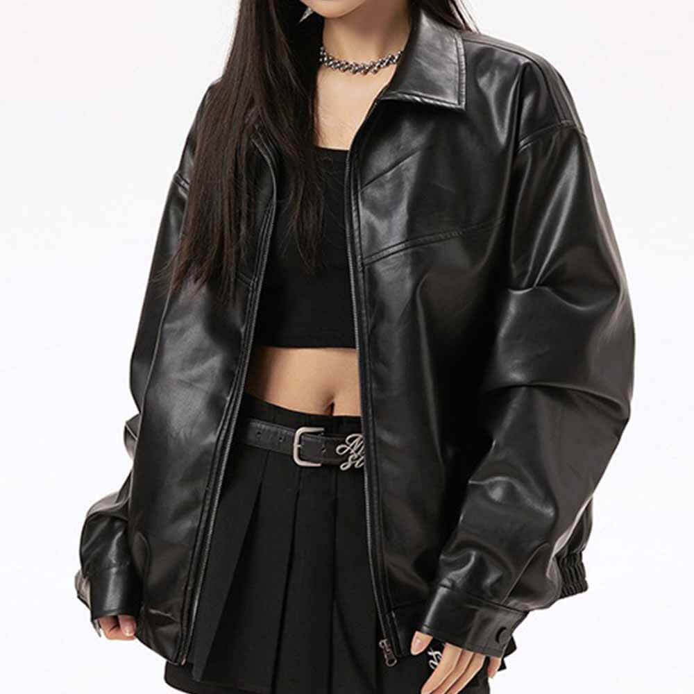Black Vintage Street Style Zipper Leather Jacket