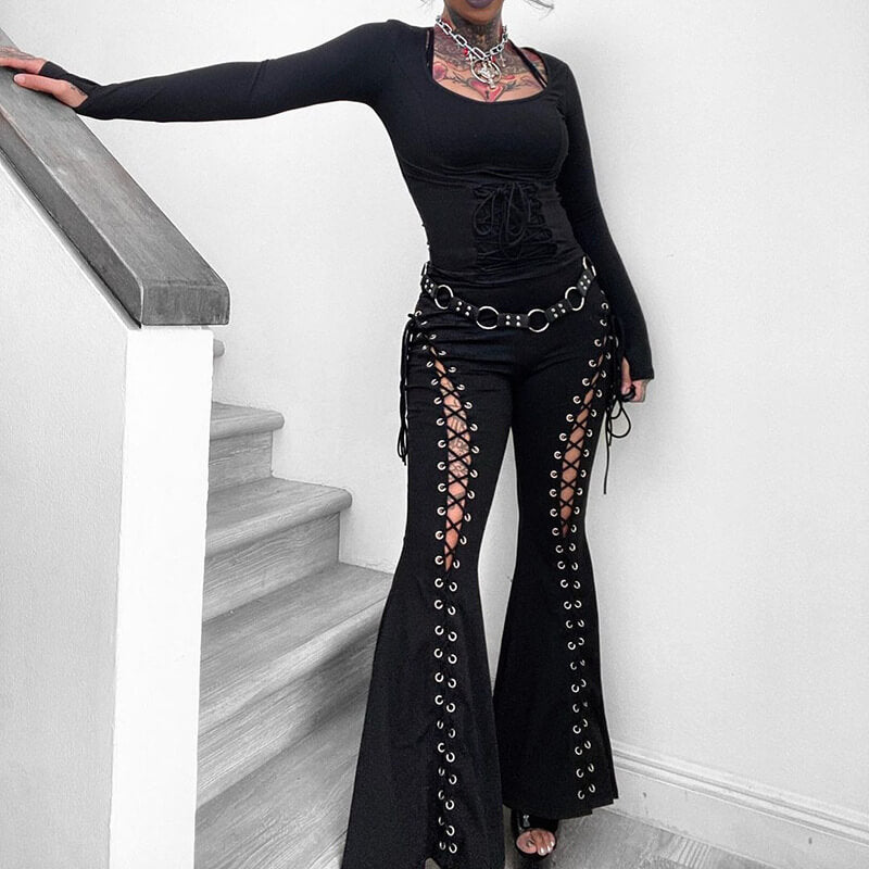 Black Women's Lace Up Flared Pants | Gthic.com