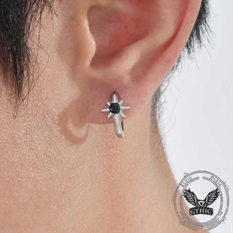 Black Zircon Octagonal Star Stainless Steel Earrings 02 | Gthic.com