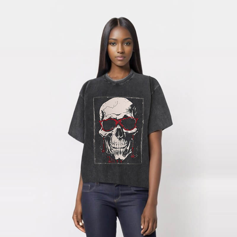 Blood Glasses Skull Print Washed T-shirt