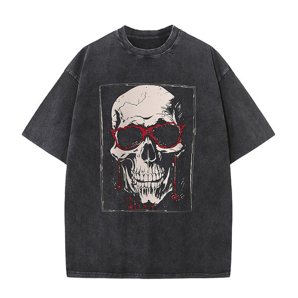 Blood Glasses Skull Print Washed T-shirt | Gthic.com