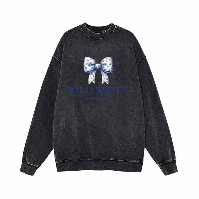 Blue Bow She Is Worthy Vintage Washed Sweatshirt | Gthic.com