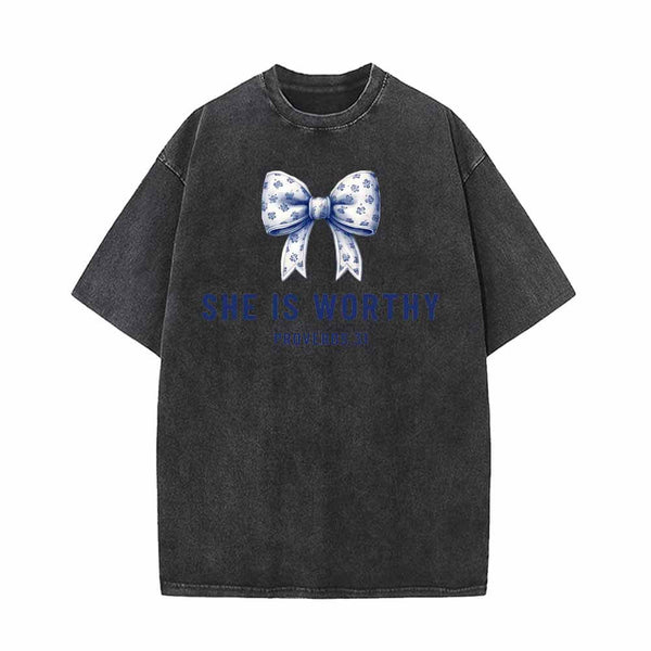 Blue Bow She Is Worthy Vintage Washed T-shirt | Gthic.com