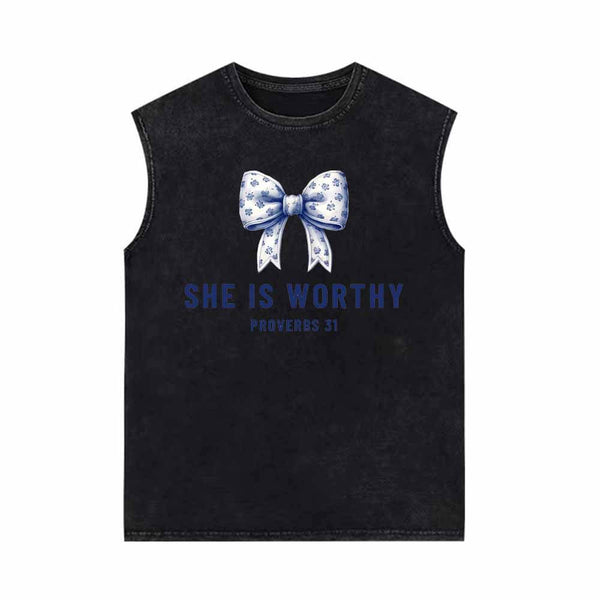 Blue Bow She Is Worthy Vintage Washed Vest Top | Gthic.com