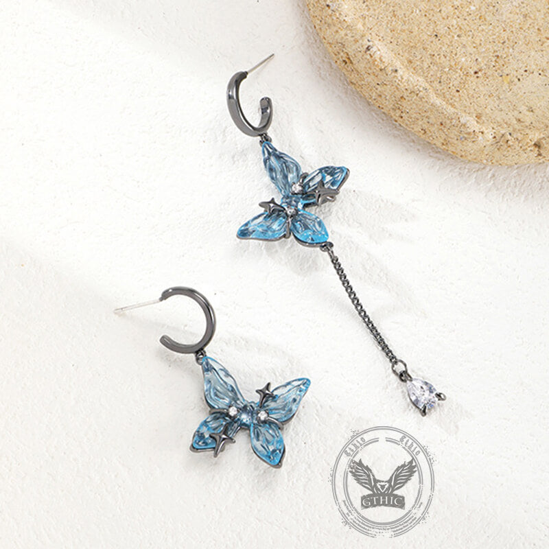 Blue Butterfly Tassel Asymmetrical Drop Earrings | Gthic.com