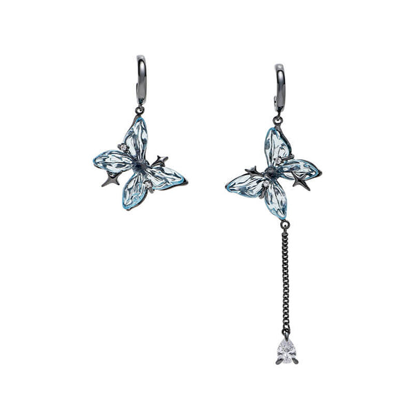 Blue Butterfly Tassel Asymmetrical Drop Earrings | Gthic.com